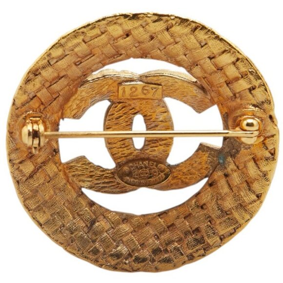 CHANEL CC Logo Round Circle Mesh Brooch Gold Tone Pin 29 Auth w/Box #9182 - Picture 3 of 6